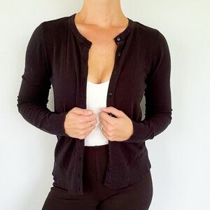 LOFT black crew neck stretch knit cotton button up cardigan sweater size small
